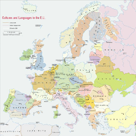 Map showing the Cultures and Languages in the EU